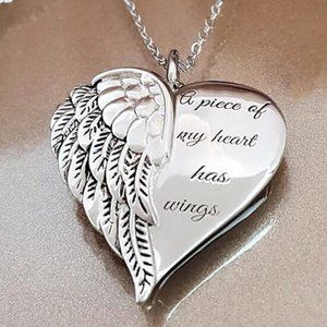 Silver Angel Wing Heart Necklace Jewelry Gift Memorial Heaven Keepsake Pendant